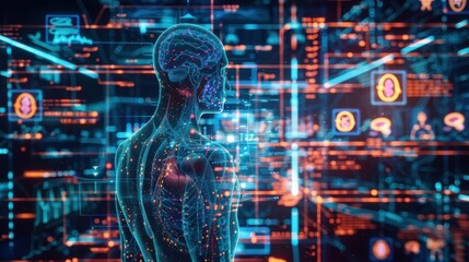 A conceptual image showing the intricate connection between human biology and technology, with detailed diagrams of organs and digital data overlays, emphasizing the role of technology in enhancing