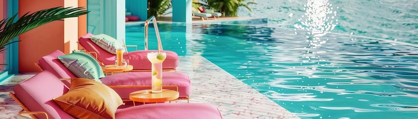 Obraz premium A vibrant poolside scene with a person relaxing on a lounge chair, sipping a cocktail, with the sparkling water in the background