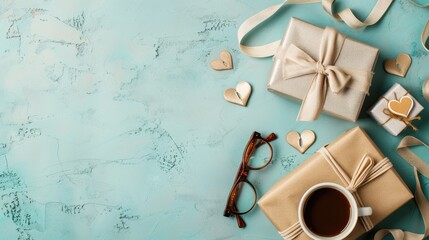 Naklejka premium Elegant Father's Day Setup with Gift, Coffee, Beige Tie, and Heart Decorations