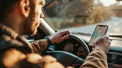 close-up of a man driving a navigator in a phone. Selective focus