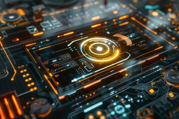 Fototapeta premium A modern circuit board with a holographic interface displaying real-time data and schematics