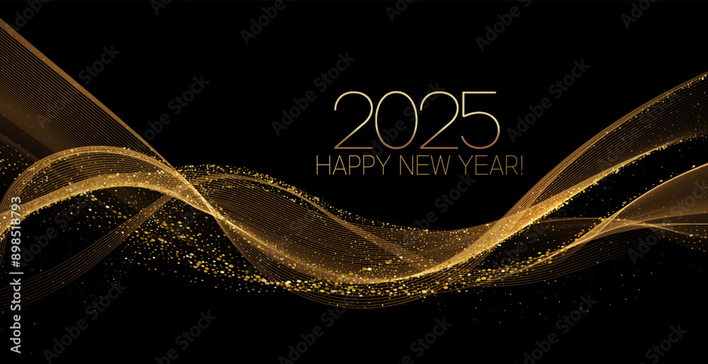 Poster 2025 New Year Abstract shiny color gold wave design element