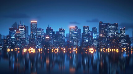 Night City Skyline with Reflections 3D Illustration