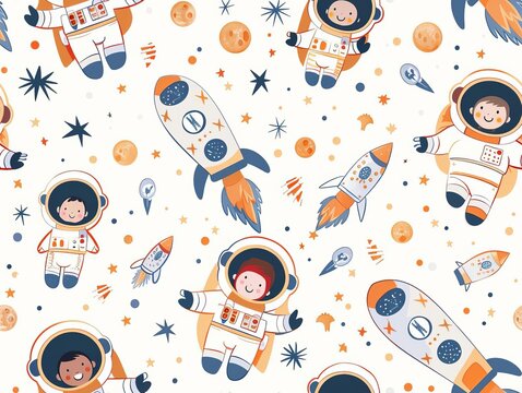 Little astronauts and rockets, kid and baby style, seamless pattern background