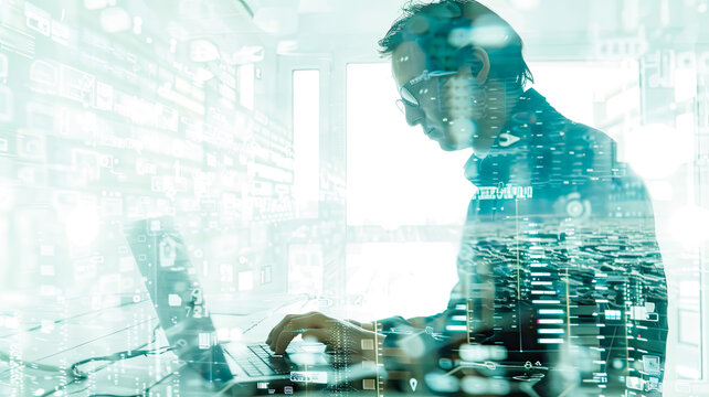 Informatiker, Analytiker f&uuml;r Big Data. Doppelbelichtung mit weissem Hintergrund