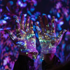 Close-up of hands equipped with VR gloves interacting with led lights 