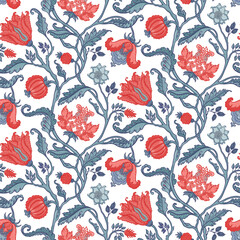 Floral vintage seamless pattern in Jacobean style for retro wallpapers. Enchanted Vintage Flowers. Chintz inspired. Design for wrapping paper, wallpaper, fabrics and fashion clothes.