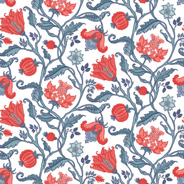 Floral vintage seamless pattern in Jacobean style for retro wallpapers. Enchanted Vintage Flowers. Chintz inspired. Design for wrapping paper, wallpaper, fabrics and fashion clothes.