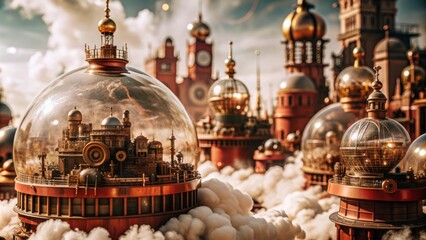 Obraz premium Steampunk Cityscape with Brass Gears and Enigmatic Rotunda in Bubble Town