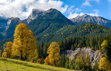 Autumn landscape with mountains and sky