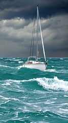 Naklejka premium A white fishing boat navigates through rough waves with whitecaps in the foreground, with a cloudy sky in the background