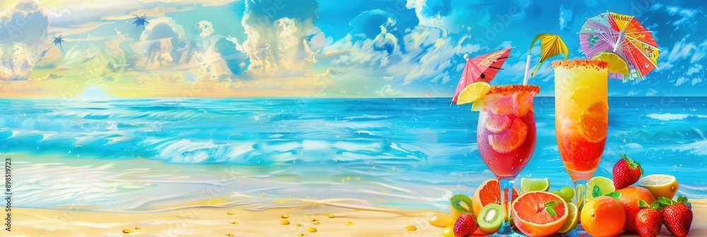Poster two colorful cocktails garnished with fruits and umbrellas sit on a beach with blue ocean waves in t
