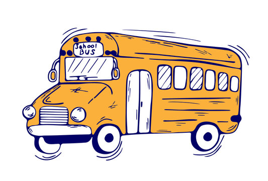 Yellow school bus in style hand drawn on white background. Modern Doodle illustration for trendy posters, banners, social media, websites. Vector Element back to school. Concept for invitations, card.