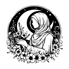 Muslim Women With Hijab, Silhouettes Vector Clipart
