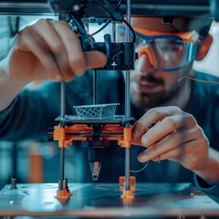 Close-up of hands setting up a 3D printer in a works
