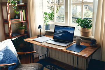 Fototapeta premium A stylish, well-lit home office with a sleek desk, ergonomic chair, laptop, monitor, and office supplies neatly arranged.