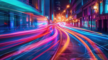 Long exposure photo of colorful light trails in a busy urban street at night.