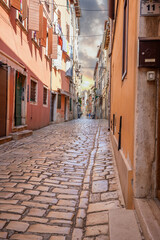 Old historical dreamy streets. Beautiful houses and businesses in a romantic tourist location. Beautifully landscaped streets and small squares in Rovinj, Istria, Croatia