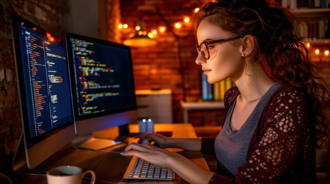 Female programmer working late at night on a computer, coding and developing software in a cozy home office with ambient lighting.