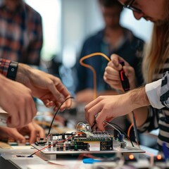 a group of people interacting and making a gadget 