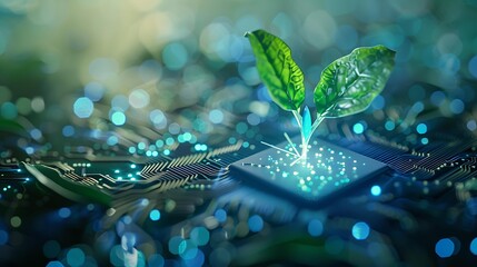 Bioluminescent plant emerging from a computer chip, signifying digital ecology business, against a softly blurred tech backdrop