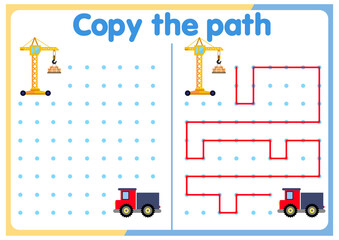 activities for children. Copy the path. Logic games for children. Vector illustration. The book is square format. trucks. cars. ships.