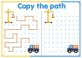 activities for children. Copy the path. Logic games for children. Vector illustration. The book is square format. trucks. cars. ships.