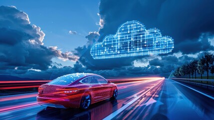 Futuristic red car driving down a digital highway with a glowing cloud in the sky, symbolizing innovative technology and connectivity.