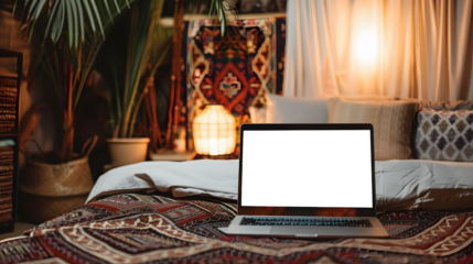 Laptop screen mockup in bohemian style bedroom, eclectic decor, warm
