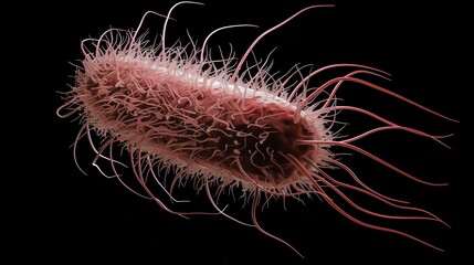 A detailed 3D rendering of a bacterium with numerous flagella, isolated against a black background.
