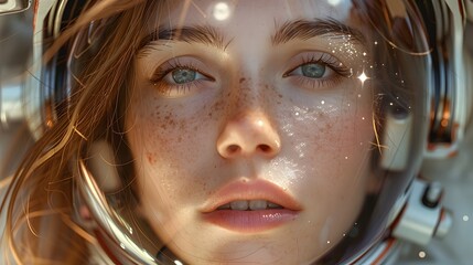 A girl is wearing an astronaut helmet, in the style of a cyberpunk dystopia