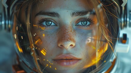 A girl is wearing an astronaut helmet, in the style of a cyberpunk dystopia