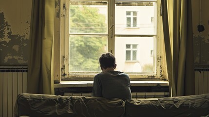 Sad person staring out a window with a vacant look in a sparsely furnished room