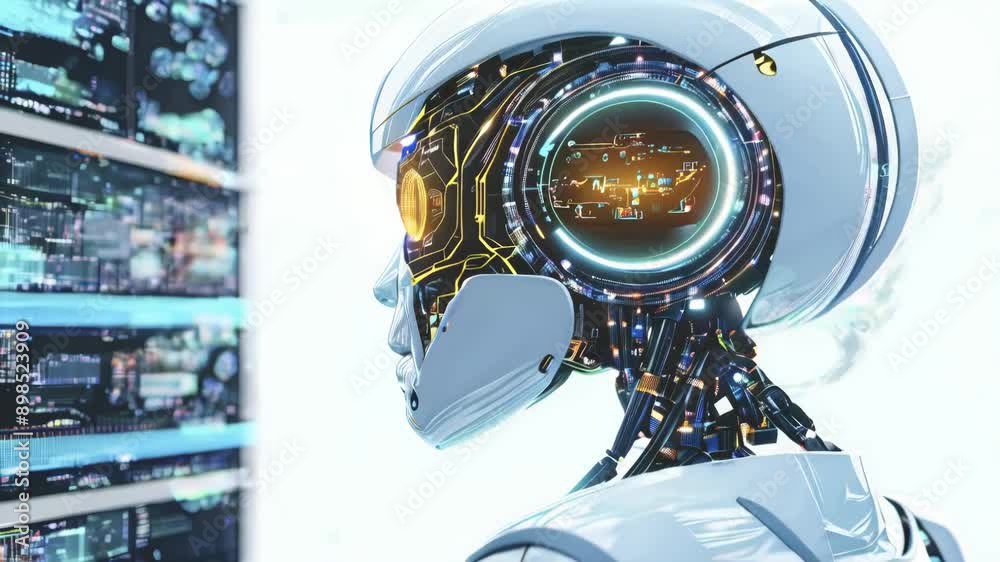 Poster futuristic robot artificial intelligence concept enlightening ai technology development. global robo