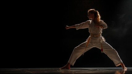 A Moment of Focus: A Female Martial Artist Practices Her Technique in a Dramatic Spotlight