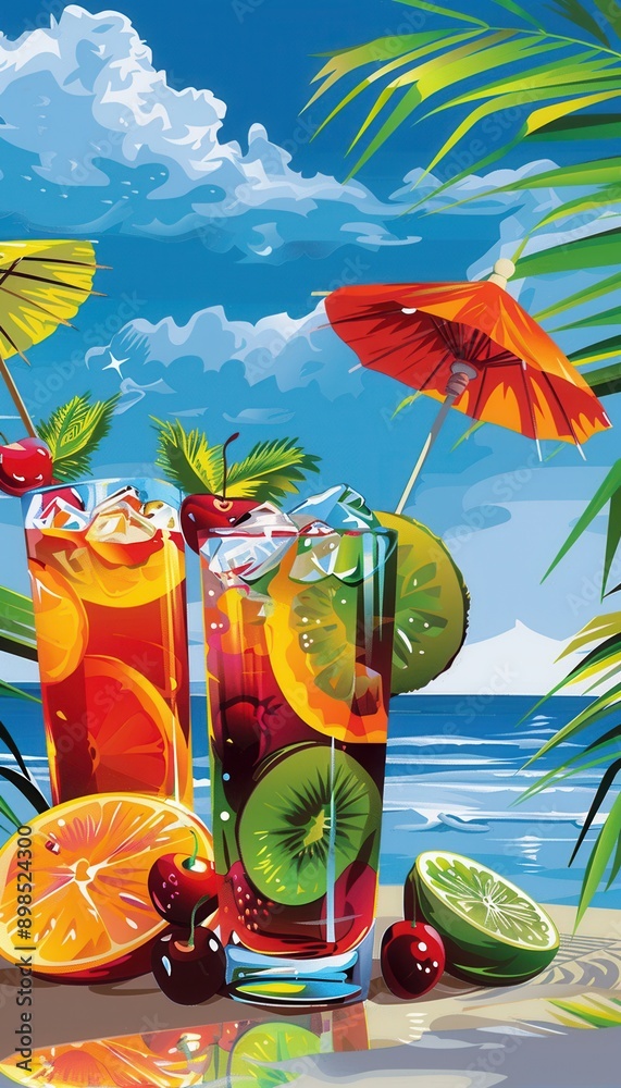 Poster two colorful cocktails garnished with fruit and umbrellas sit on a beach with palm trees and ocean w