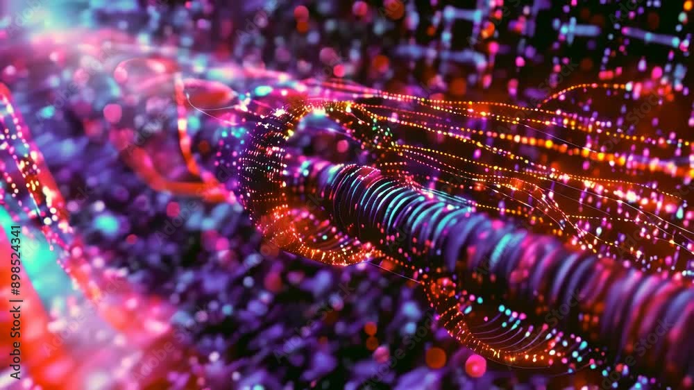 Poster loop. abstract wire cable transmitting digital binary data. depth of field effect. inside ai concept