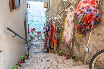Old historical dreamy streets. Beautiful houses and businesses in a romantic tourist location. Beautifully landscaped streets and small squares in Rovinj, Istria, Croatia