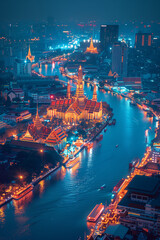 Aerial view of a Thai temple along the river at night lit up with colorful lights.