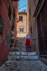 Old historical dreamy streets. Beautiful houses and businesses in a romantic tourist location. Beautifully landscaped streets and small squares in Rovinj, Istria, Croatia