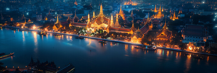 Aerial view of a Thai temple along the river at night lit up with colorful lights.