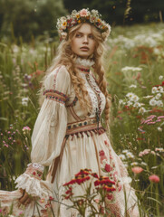 A woman in a white dress with a flower crown is standing in a field of flowers