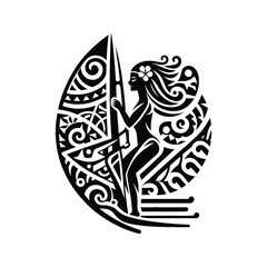 Windsurfing  female player in ethnic polynesia pattern illustration, emblem shield badge