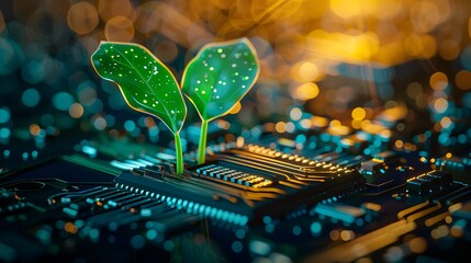 Glowing plant sprouting from a computer chip on a circuit board, symbolizing digital ecology, with a blurred tech background