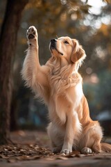 A playful golden retriever raises its paw, embodying loyalty and joy amidst autumn foliage,...