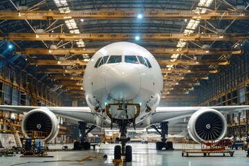 A commercial aircraft under maintenance in a big hangar.