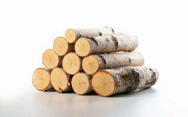 Stack of birch firewood on a white background isolate. Material for lighting a fire, close-up