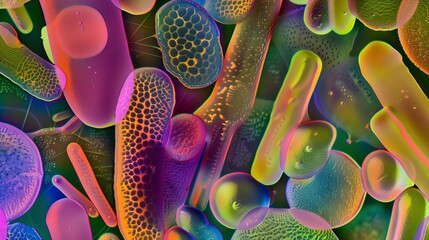 Abstract background with vibrant, colorful, biomorphic shapes reminiscent of microscopic organisms.