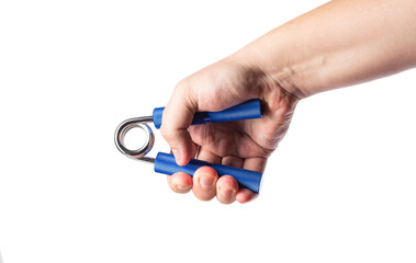 A man's hand holds a wrist expander on a white background, isolate. Concept for developing hand grip strength, close-up