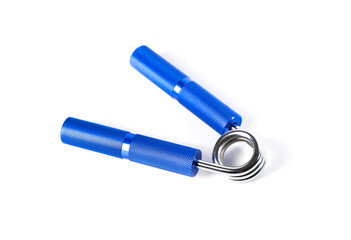 Metal spring exercise machine hand expander for arm strength on a white background, isolate, close-up